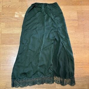 NEW Aerie Olive Silky Textured Coquette Boho Hippie Maxi Lace Hem Slip Skirt S